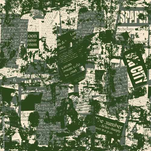 Abstract seamless pattern with scuffed collage of newspaper or magazine clippings. Vector background in grunge style with titles, illustrations and imitation of text. Wallpaper, wrapping paper, fabric
