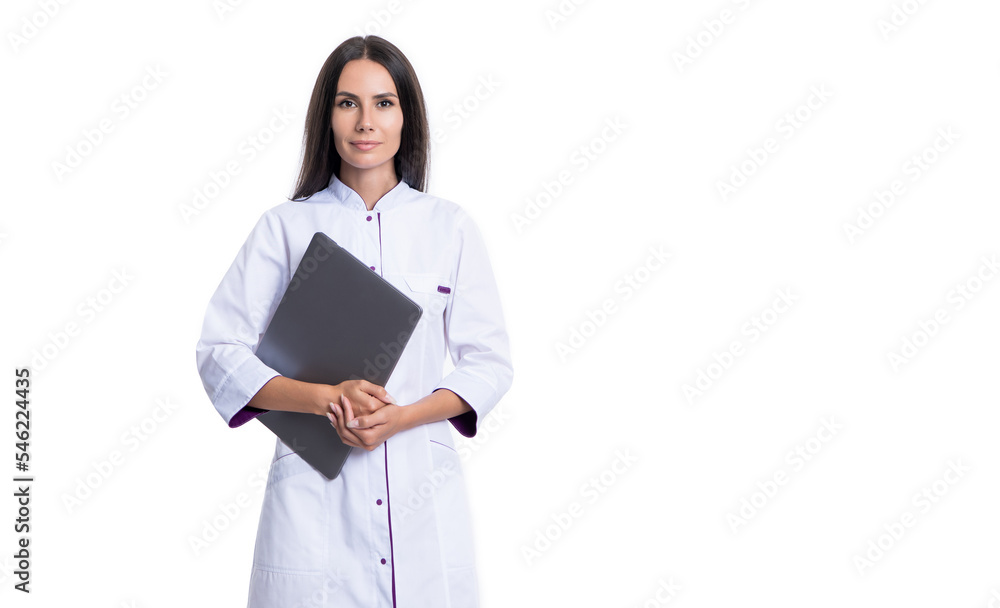 nurse and ehealth isolated on white background, copy space. nurse with ehealth laptop in studio. nurse and ehealth isolated on white background, copy space. nurse with ehealth laptop in studio.