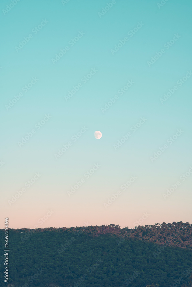 Vertical image of moon rising over a cliff, pastel colors. Vertical image of moon rising over a cliff, pastel colors.