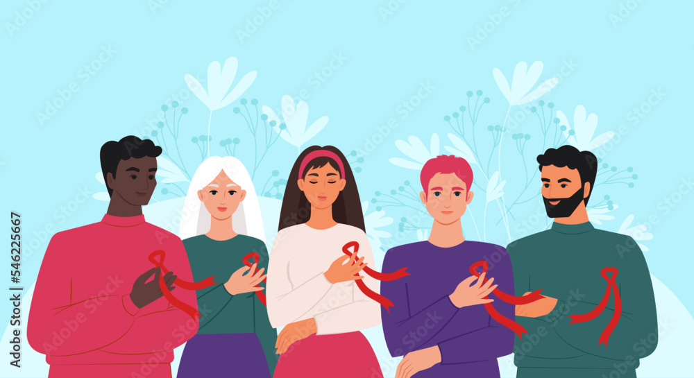 World AIDS Day. A group of people of different nationalities with red ...