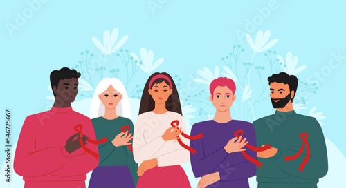 World AIDS Day. A group of people of different nationalities with red ribbons, a symbol of the fight against HIV. Vector illustration.