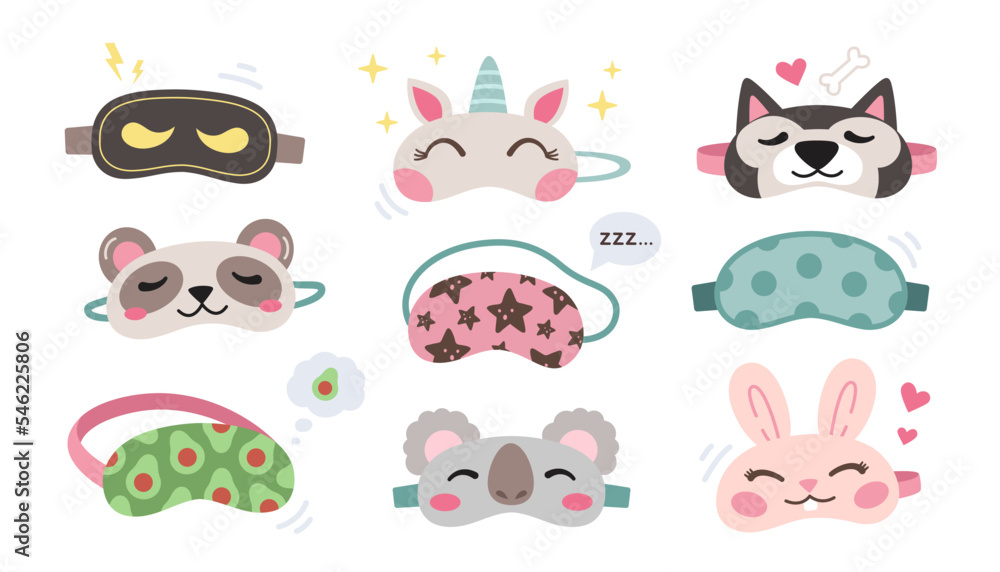 Fototapeta premium Kids sleeping masks set. Cute animals faces masks - koala, unicorn, ninja, bunny, panda, husky dog. Colorful vector illustration. Relaxation in travel collection.