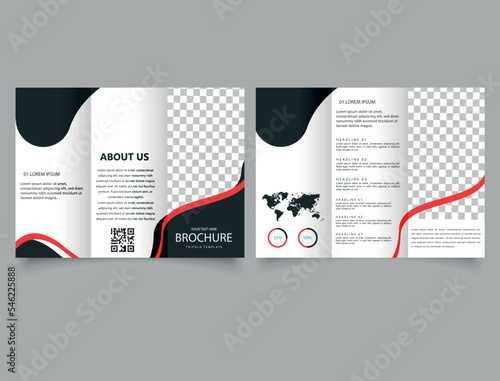 Black and red trifold brochure with abstract shapes.
