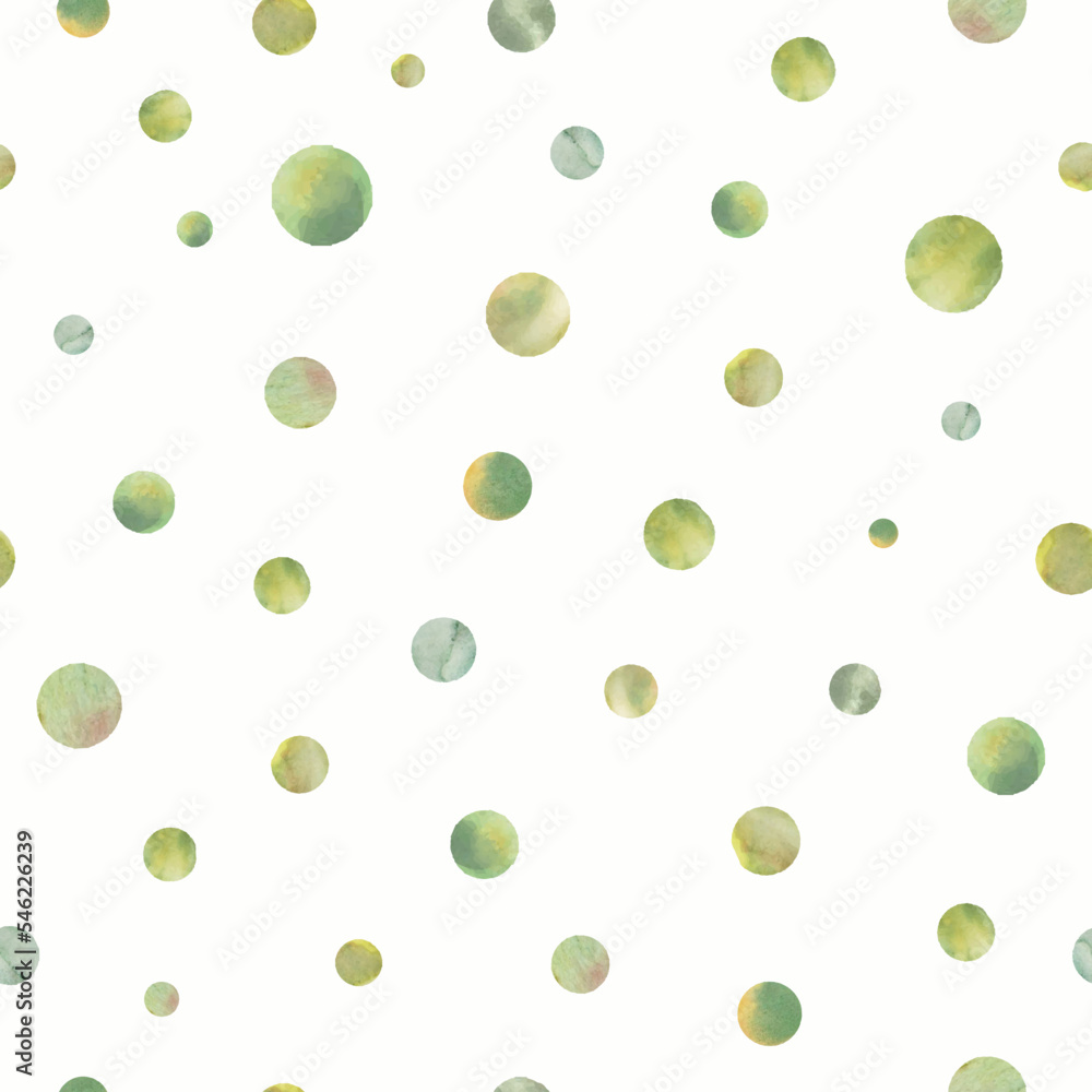 Abstract watercolor seamless pattern. Hand drawn background  with green polka circles. For children`s wallpaper, fabric design or print. Vector EPS. 