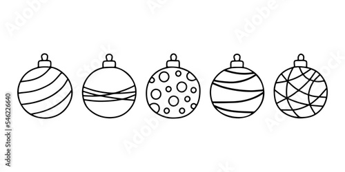 Different circle Christmas ball with ornament, doodle shape, hand draw line sketch. Toy for Christmas tree set. Vector illustration