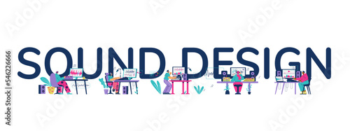 Sound design and audio engineering profession banner flat vector illustration.
