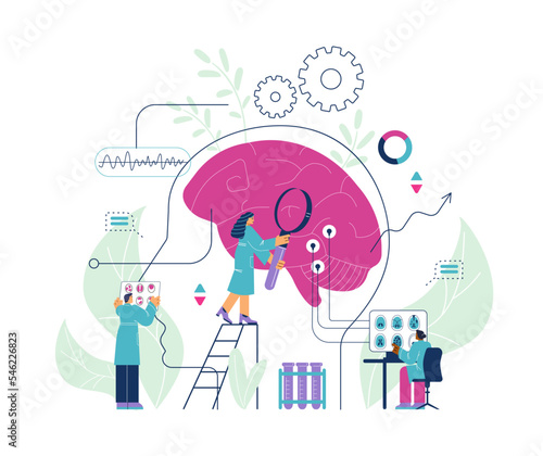 Study of human brain concept with scientists flat vector illustration isolated.