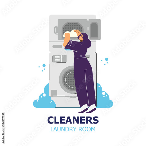Woman loading clothes in washing machine or dryer, flat vector illustration isolated on whie background.