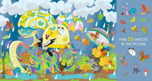 A cheerful snake with umbrellas protects his friends from the rain. Find 15 objects in the picture. Hidden Object Puzzle. Vector illustration.