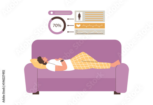 Man sleeping on sofa and sleep monitoring application interface, vector isolated.