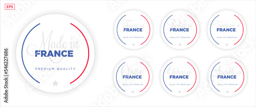 Collection de logo Made in France, fabriqué en France, origine France, élaboré en France, transformé en France, assemblé en France, origine France, coq et drapeau sur fond blanc, bleu blanc rouge