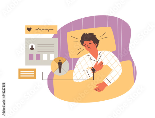 Night sleep monitoring applications and devices banner, flat vector isolated.