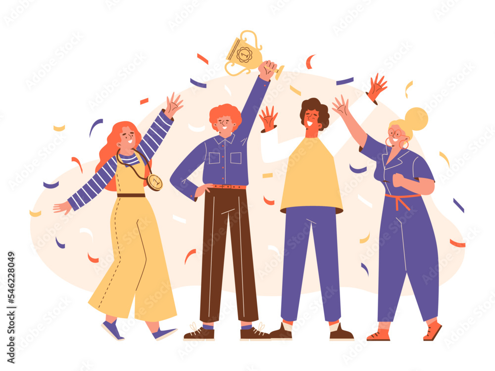 Group of happy people won golden trophy, flat vector illustration isolated on white background. Group of happy people won golden trophy, flat vector illustration isolated on white background.