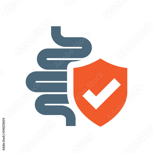 Bowes with shield vector icon. Small intestines with checkmark filled symbol.