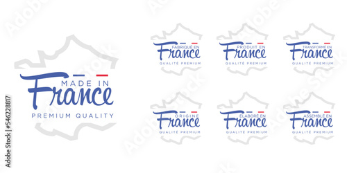 Collection de logo Made in France, fabriqué en France, origine France, élaboré en France, transformé en France, assemblé en France, origine France, avec coq et drapeau sur fond blanc, bleu blanc rouge