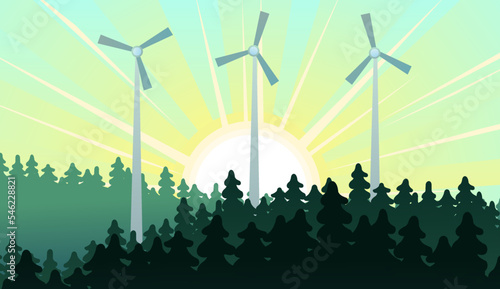 Wind generator. Clean renewable energy. Landscape with windmills. Sunrise over coniferous pine forest. Cartoon fun style. Flat design. Vector.