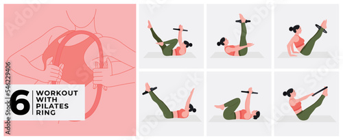Pilates Ring Workout Set. Women workout fitness, aerobic and exercises. Vector Illustration.