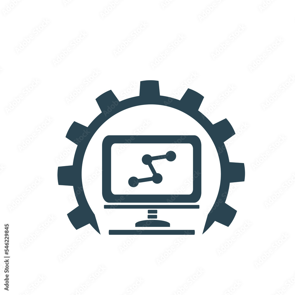 Vector illustration, computer icon and gears. Isolated on a white background. Vector illustration, computer icon and gears. Isolated on a white background.