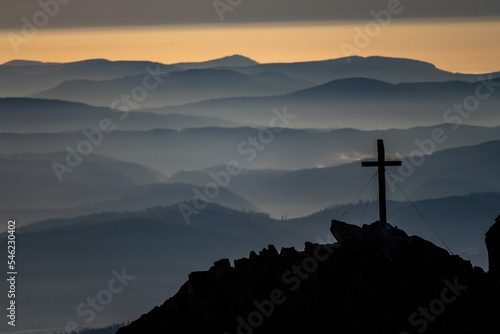 Catholic cross on top of the mountain. Mt. Solisko, Tatra Mountains, Slovakia.