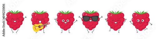 Raspberry set cute character cartoon delicious berry greet jump run sing smile face cheerful kawaii joy happy emotions icon vector illustration.