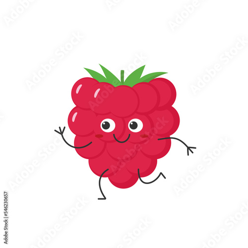 Raspberry run cute character cartoon delicious berry smile face kawaii joy happy cheerful emotions icon vector illustration.