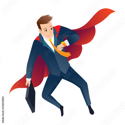 Businessman superhero character. Office worker or manager in costume and red fluttering cloak cape. Cartoon powerful man in spectacular action pose superhero. Vector isolated on white background