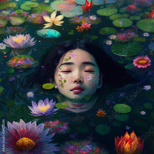 Ophelia from Hamlet in river Illustration, Beautiful Asian woman swimming in pond, Fictional Character, Shakespeare character