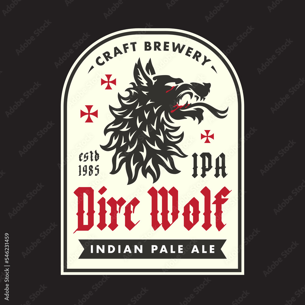 Dire Wolf logo. IPA craft beer label design. Handcraft Indian Pale Ale hellhound brewery emblem