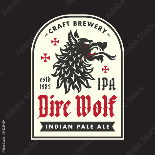 Dire Wolf logo. IPA craft beer label design. Handcraft Indian Pale Ale hellhound brewery emblem. Vintage werewolf brewing company badge. Vector illustration.