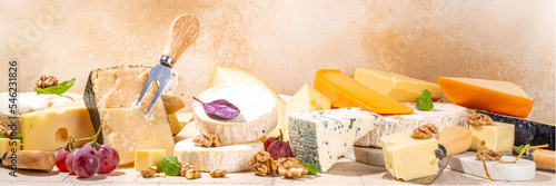 Different sorts of cheese set. Cheese platter with various cheese, with grapes, nuts, cheese knife and spices, light tiled background copy space