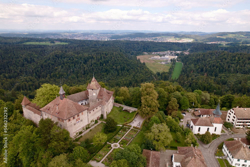 Aerial view of medieval village Kyburg with castle on a cloudy late summer day. Photo taken September 1st, 2022, Kyburg, Switzerland.