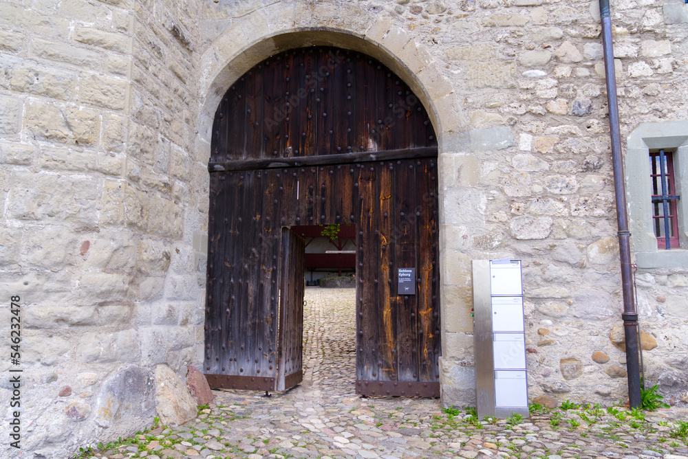 Scenic view of castle Kyburg, Canton Zürich, with wooden gate on a sunny late summer day. Photo taken September 1st, 2022, Kyburg, Switzerland.