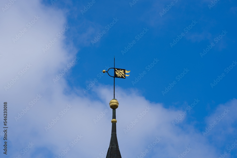 Scenic view of castle Kyburg, Canton Zürich, with clock tower and wind vane on sunny late summer day. Photo taken September 1st, 2022, Kyburg, Switzerland.