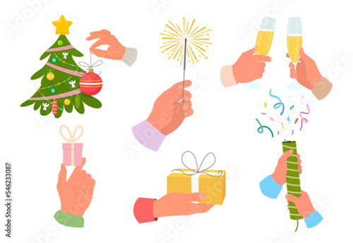 Christmas objects set. Hands holding giftbox, sparklers, champagne glasses, christmas tree and other holiday decorative toys. New Year celebration concept. Vector illustration of Holidays.