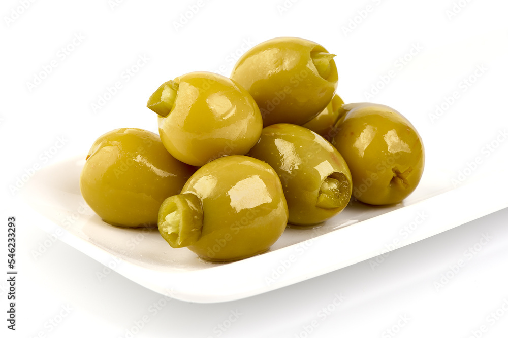Delicious green olives with jalapeno, isolated on white background. Delicious green olives with jalapeno, isolated on white background.