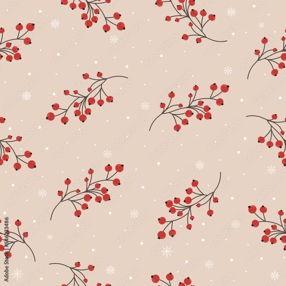 Seamless pattern with rowanberries, red berries and snowflakes on beige background. For printing on paper, postcards, fabrics. New Year, Christmas pattern Seamless pattern with rowanberries, red berries and snowflakes on beige background. For printing on paper, postcards, fabrics. New Year, Christmas pattern