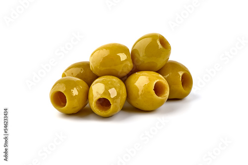 Green olives, isolated on a white background.