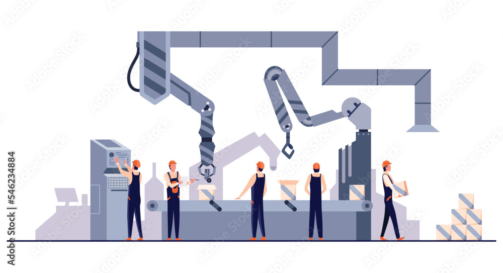 Production line with factory workers and robotic arm removing packages from conveyor line. Process of autonomous packaging or leads production Production line with factory workers and robotic arm removing packages from conveyor line. Process of autonomous packaging or leads production