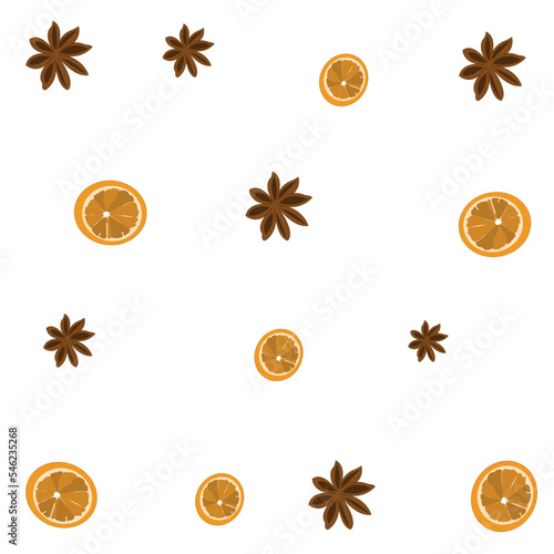 Seamless Christmas pattern with dry orange slices and cinnamon spice flowers