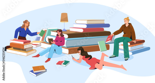 Bookcrossing or book exchange concept with group of reading young people. Flat women and men read, exchange and borrow books in library or bookshop. Happy readers swap literature.