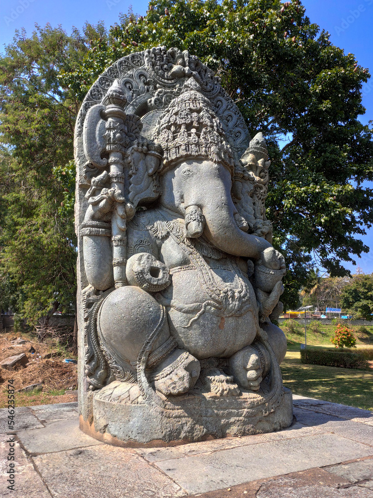 12th-century Ganesha statue outside Shaivism Hindu temple Hoysaleswara arts Halebidu, Karnataka State, India