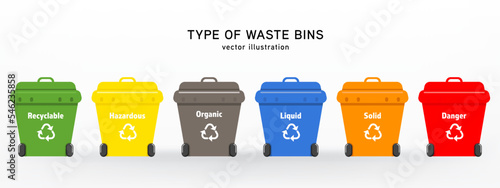 Set of separation garbage bins in cartoon style. Trash types segregation recycling concept.