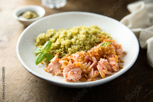 Roasted salmon with couscous and herbs