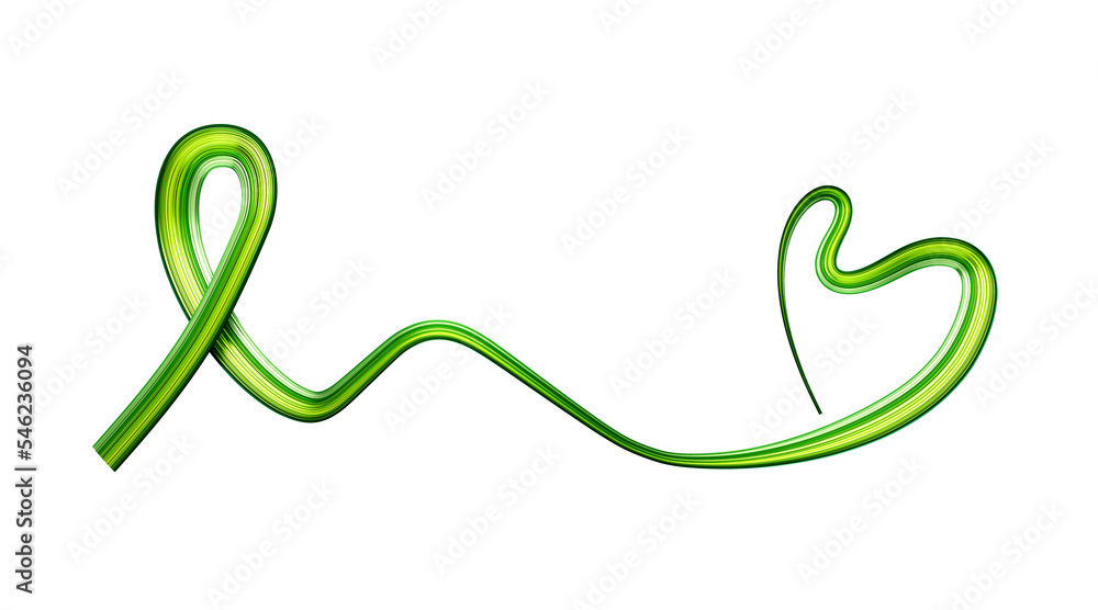 Obraz premium Green Ribbon making Heart, Green cancer awareness ribbon for many medical conditions and diseases 3d illustration