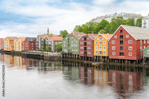 Famous colorful houses in Trondheim old town on the Nideva river, Norway