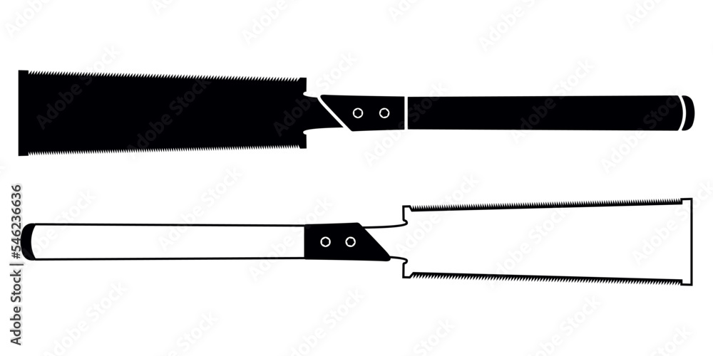 Fototapeta premium Japanese Saw Silhouette and Outline. Vector Hacksaw Isolated Illustration. Handsaw Carpenter Tool, Wood Cutting Equipment