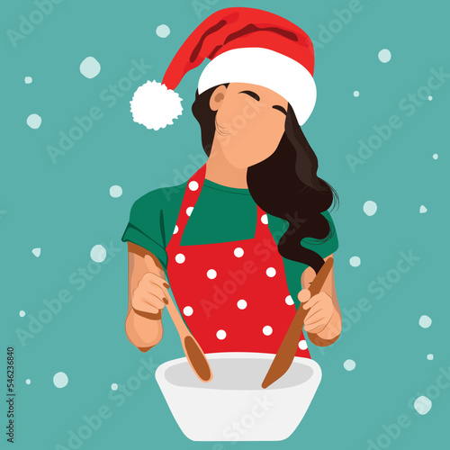 Christmas woman baking cookies. Happy woman in santa hats preparing breakfast for your family for Christmas. Peeple spend time cooking. Vector illustration
