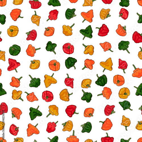 Seamless pattern with red, green, yellow, and orange scotch bonnet peppers. Capsicum chinense. Hot chili pepper. Vegetables. Vector illustration isolated on white background. Cartoon style.
