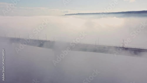 Aerial view of the Asparuhov bridge in the fog in the morning, Varna, Bulgaria photo