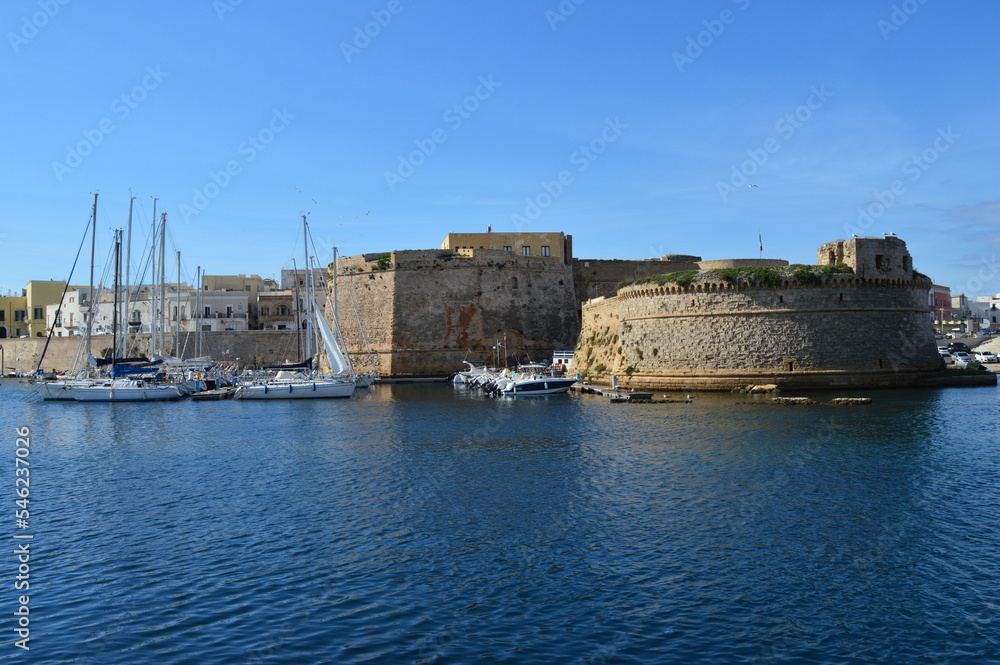 panorama to the historic center and port of Gallipoli with boats and ships